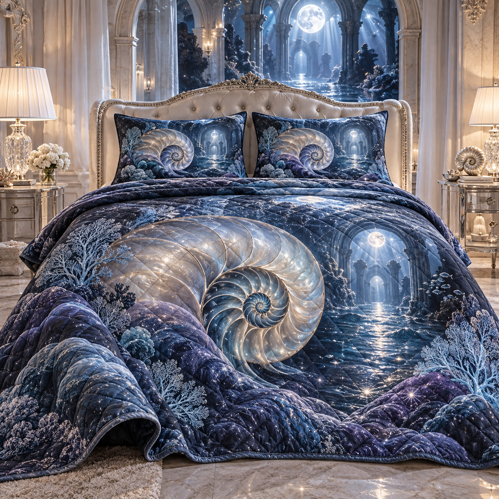 One quilted bedding set with original Nautilus Moonstone Observatory optical-depth print.