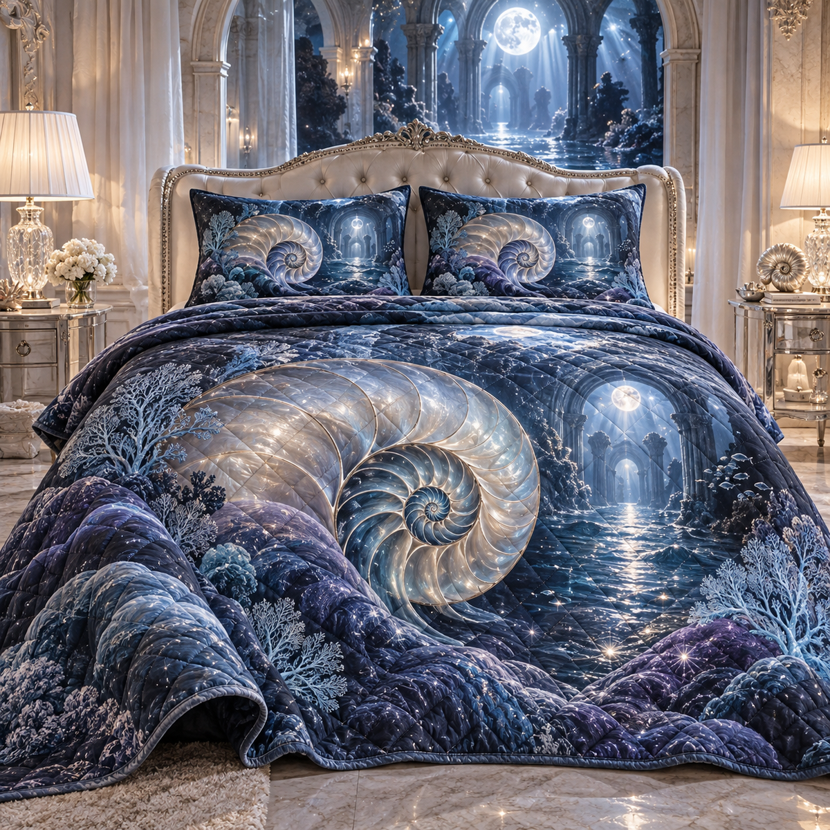 One quilted bedding set with original Nautilus Moonstone Observatory optical-depth print.