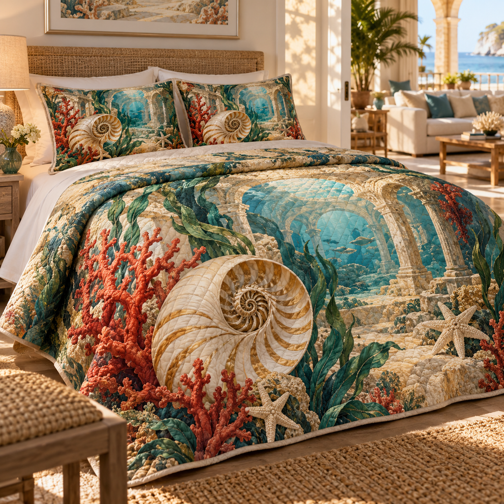 One quilted bedding set with original Nautilus Coral Atrium optical-depth print.