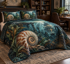 One quilted bedding set with original Nautilus Cartographer's Study optical-depth print.