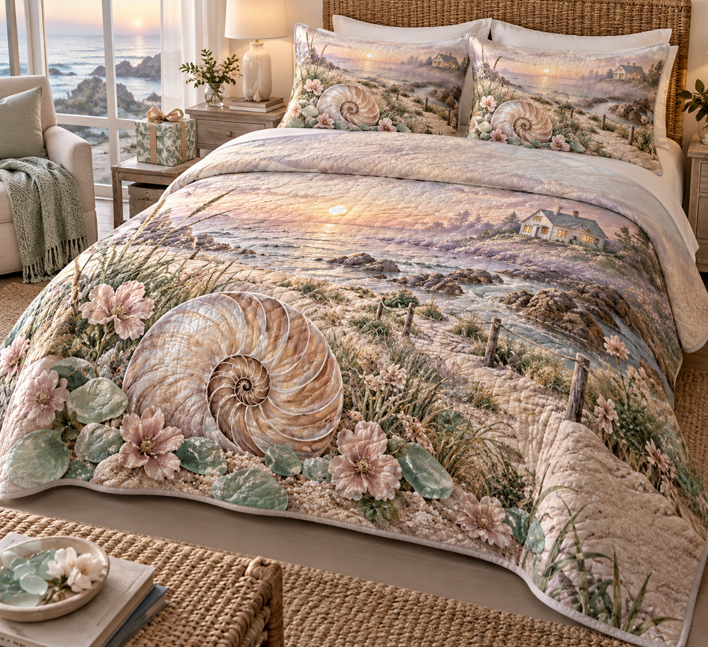 One quilted bedding set with original Nautilus Sea Glass Welcome optical-depth print.