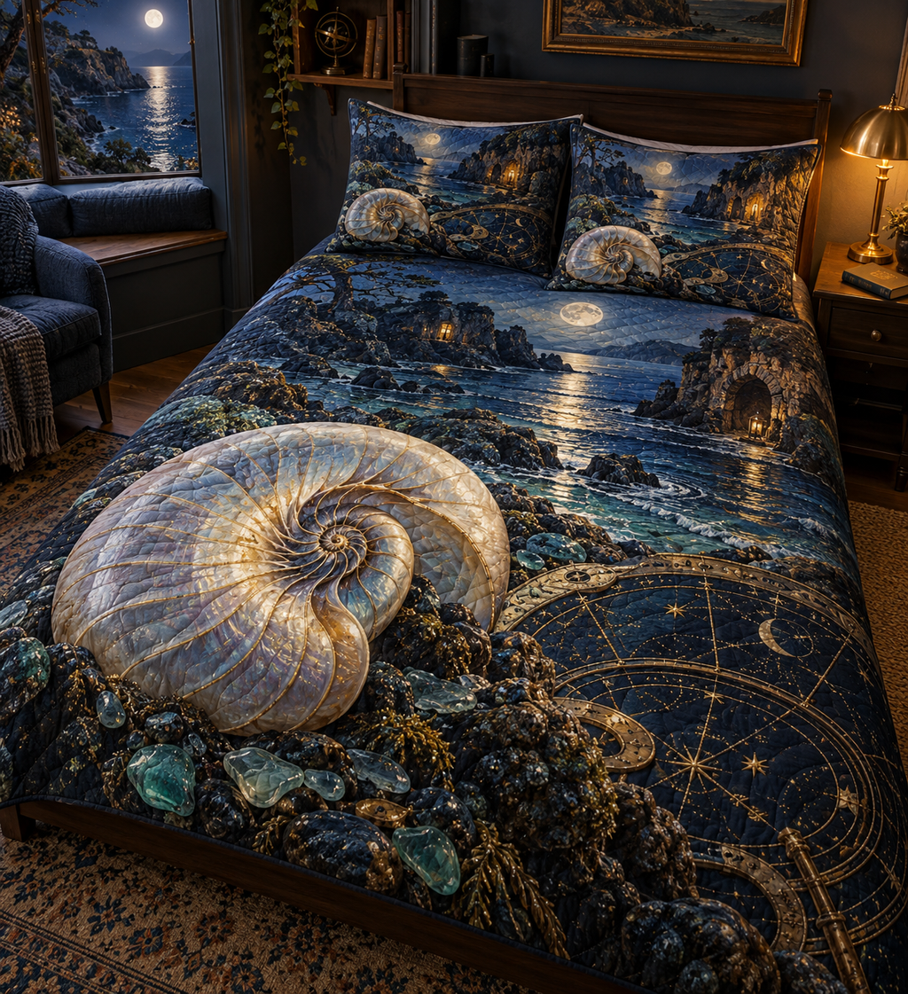 One quilted bedding set with original Nautilus Moonlit Reading Nook optical-depth print.