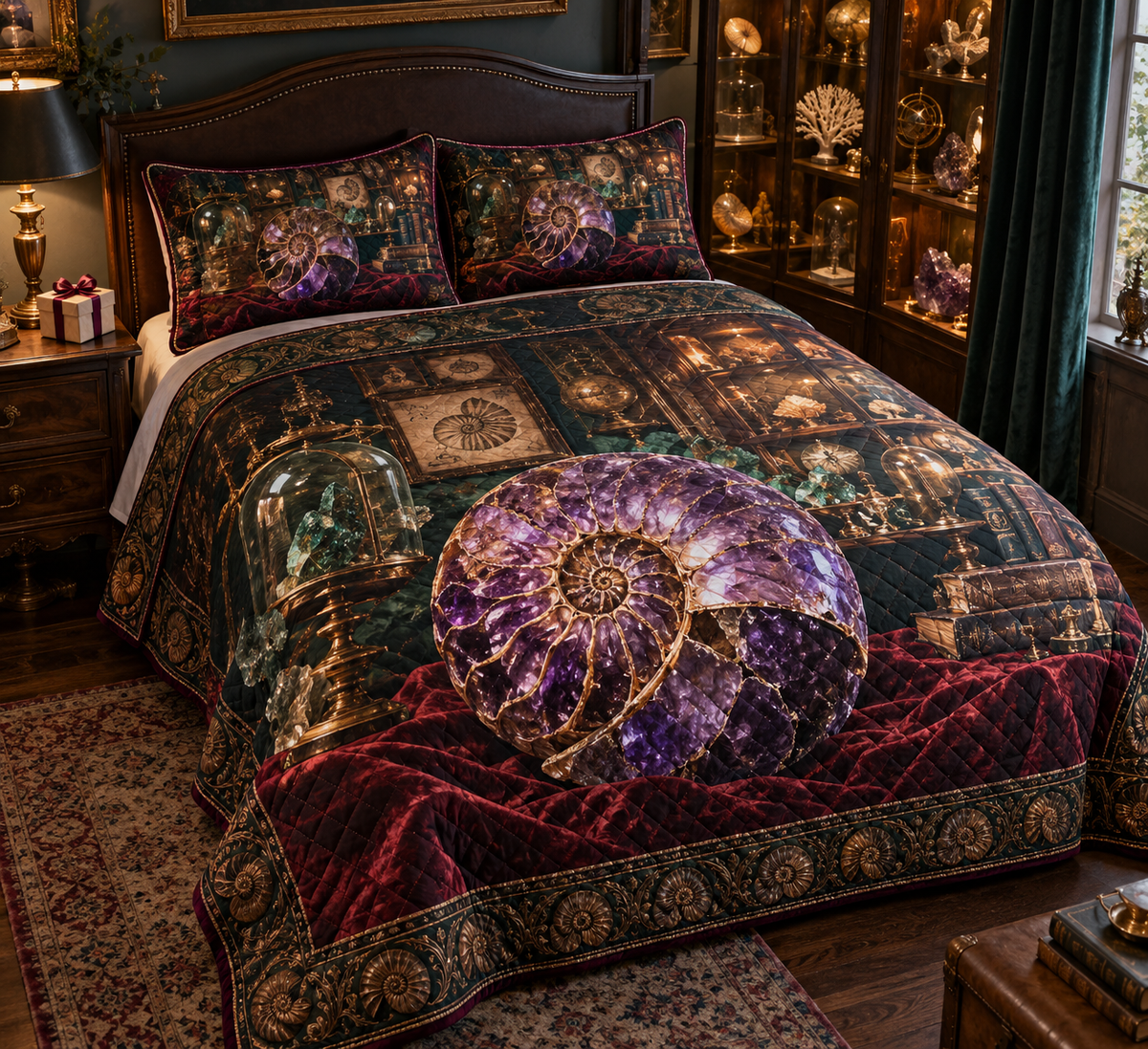 One quilted bedding set with original Nautilus Curiosity Cabinet optical-depth print.