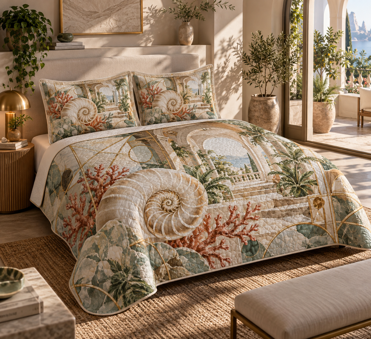 One quilted bedding set with original Nautilus Sunroom Gallery optical-depth print.