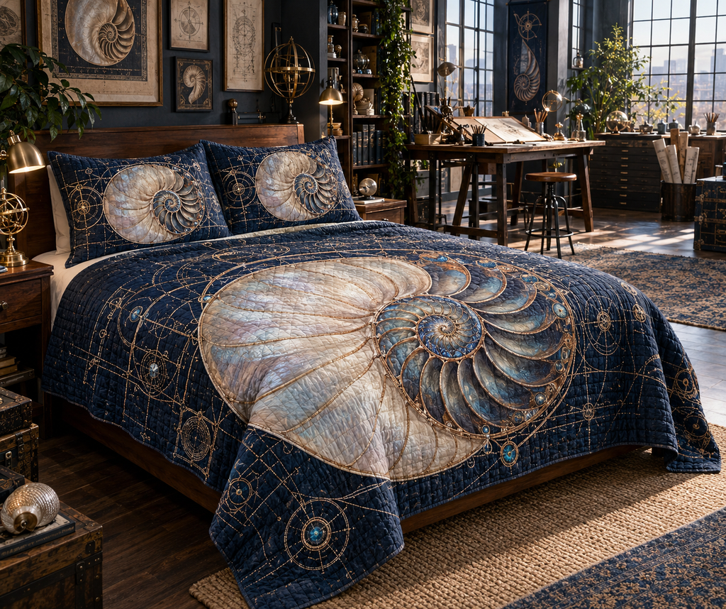 One quilted bedding set with original Nautilus Atelier Studio optical-depth print.