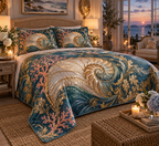 One quilted bedding set with original Nautilus Candlelit Welcome optical-depth print.