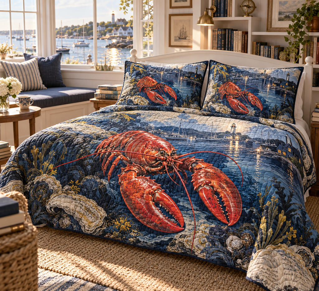 One quilted bedding set with original Lobster Harbor Library optical-depth print.
