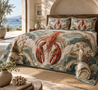 One quilted bedding set with original Lobster Tidal Canopy optical-depth print.