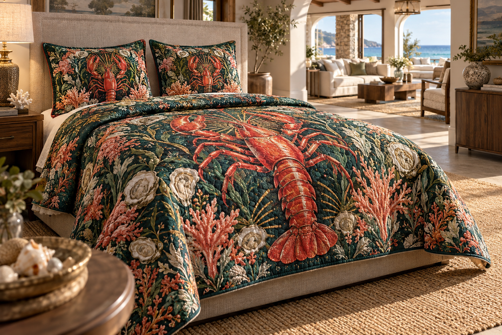 One quilted bedding set with original Lobster Coral Salon optical-depth print.