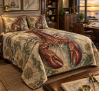 One quilted bedding set with original Lobster Cartographer's Study optical-depth print.