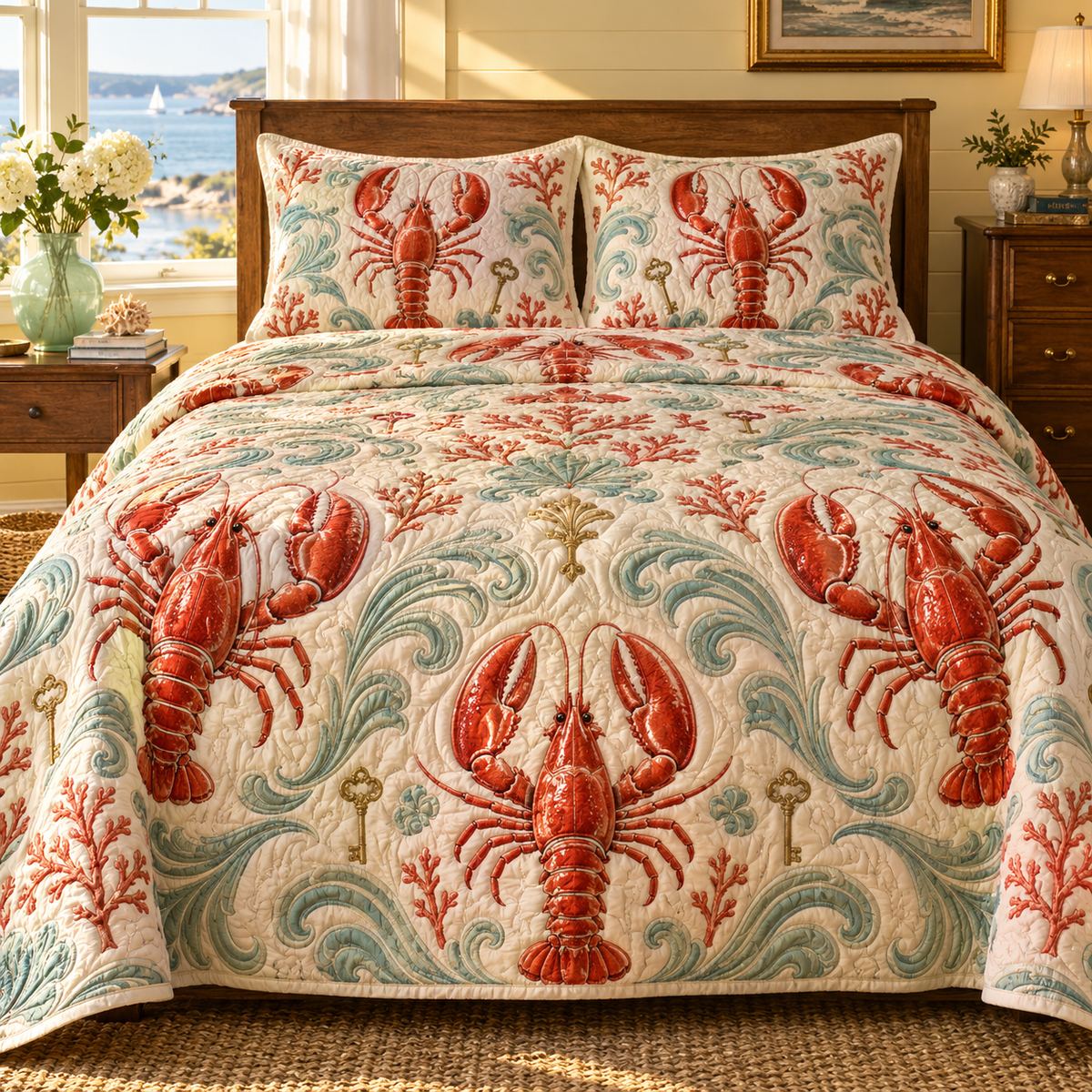 One quilted bedding set with original Lobster Welcome Key optical-depth print.