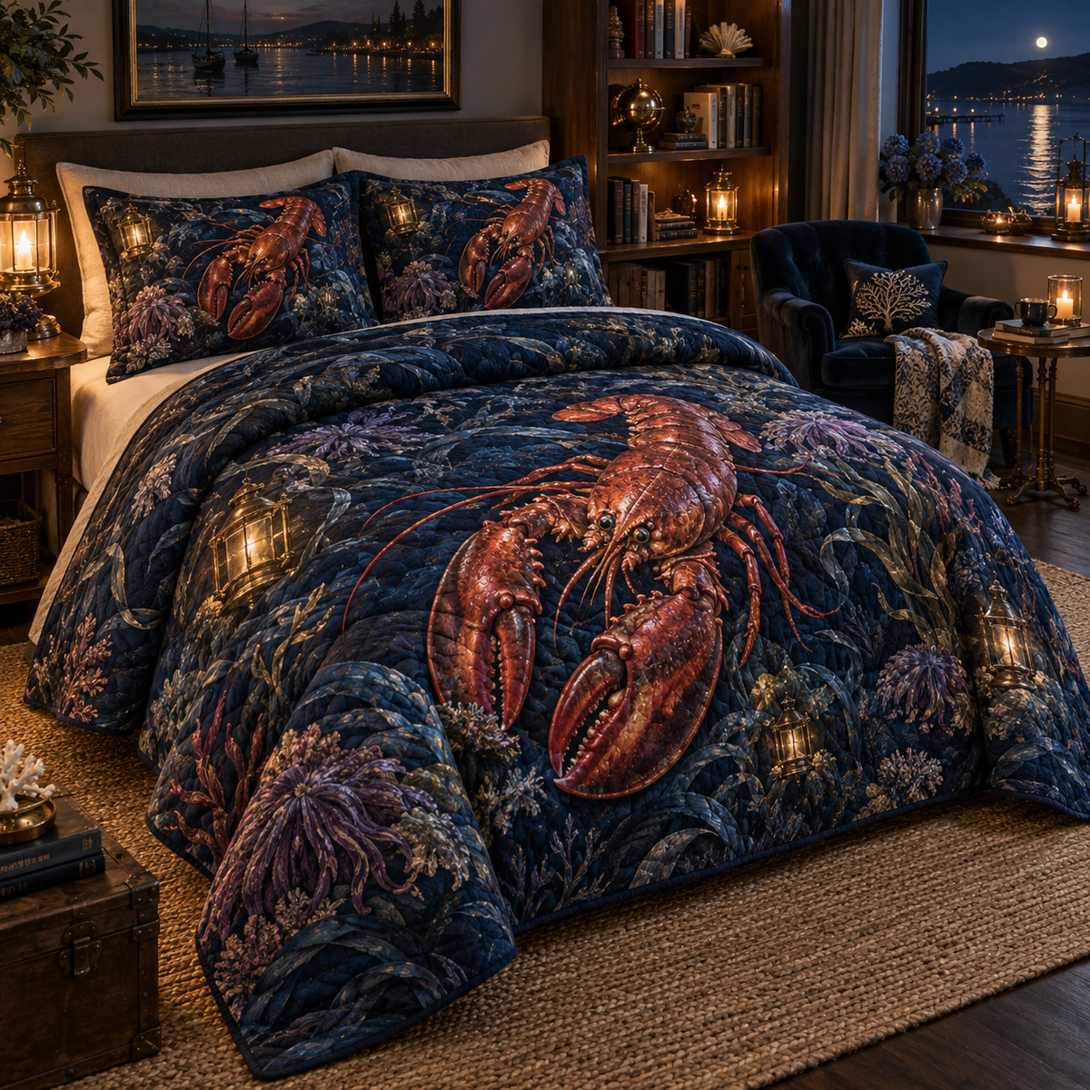 One quilted bedding set with original Midnight Cove Library Lobster optical-depth print.