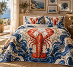 One quilted bedding set with original Lobster Tidal Atelier optical-depth print.