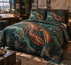 One quilted bedding set with original Lobster Mariner Workshop optical-depth print.