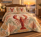 One quilted bedding set with original Lobster Sunset Banquet optical-depth print.