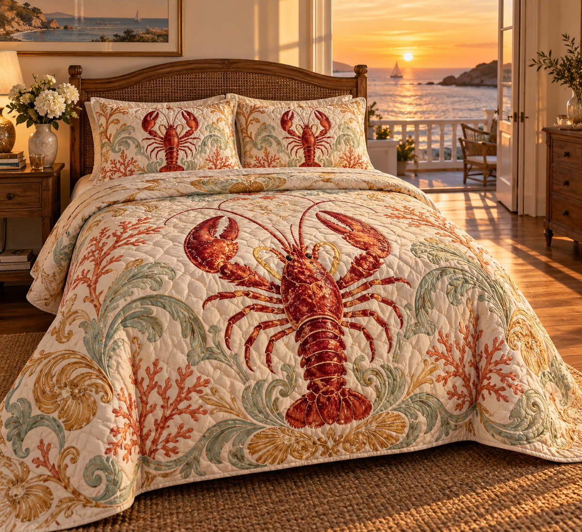 One quilted bedding set with original Lobster Sunset Banquet optical-depth print.