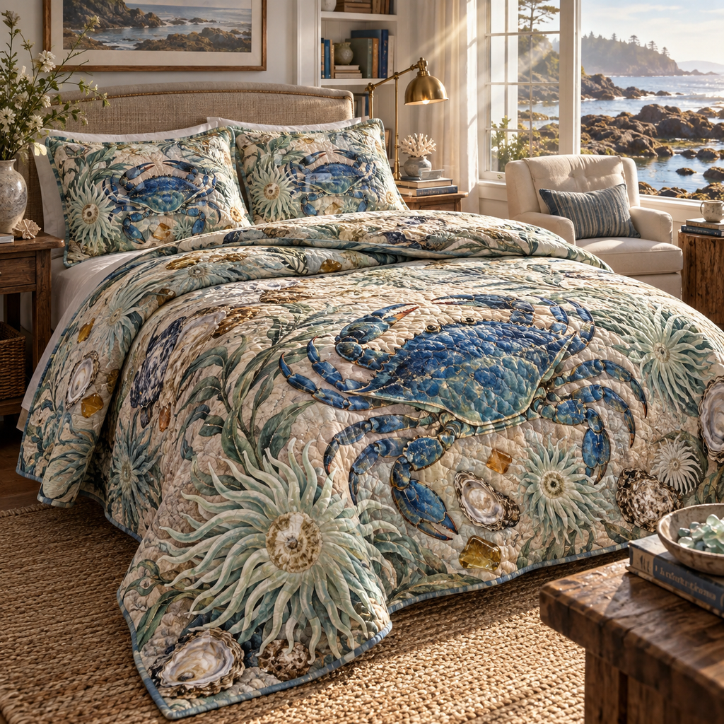 One quilted bedding set with original Crab Tidepool Reading Room optical-depth print.