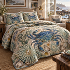 One quilted bedding set with original Crab Tidepool Reading Room optical-depth print.