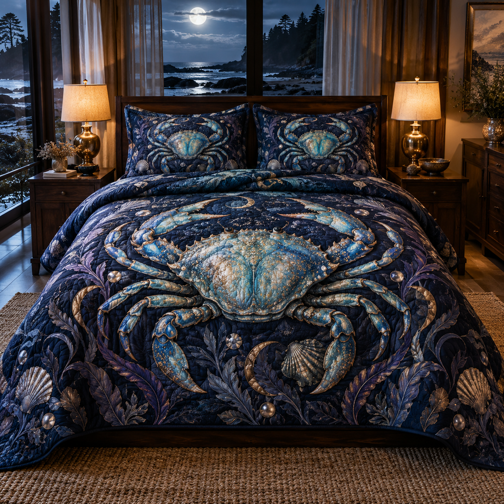 One quilted bedding set with original Crab Moonlit Tidal Chamber optical-depth print.