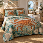One quilted bedding set with original Crab Sunlit Tidal Salon optical-depth print.
