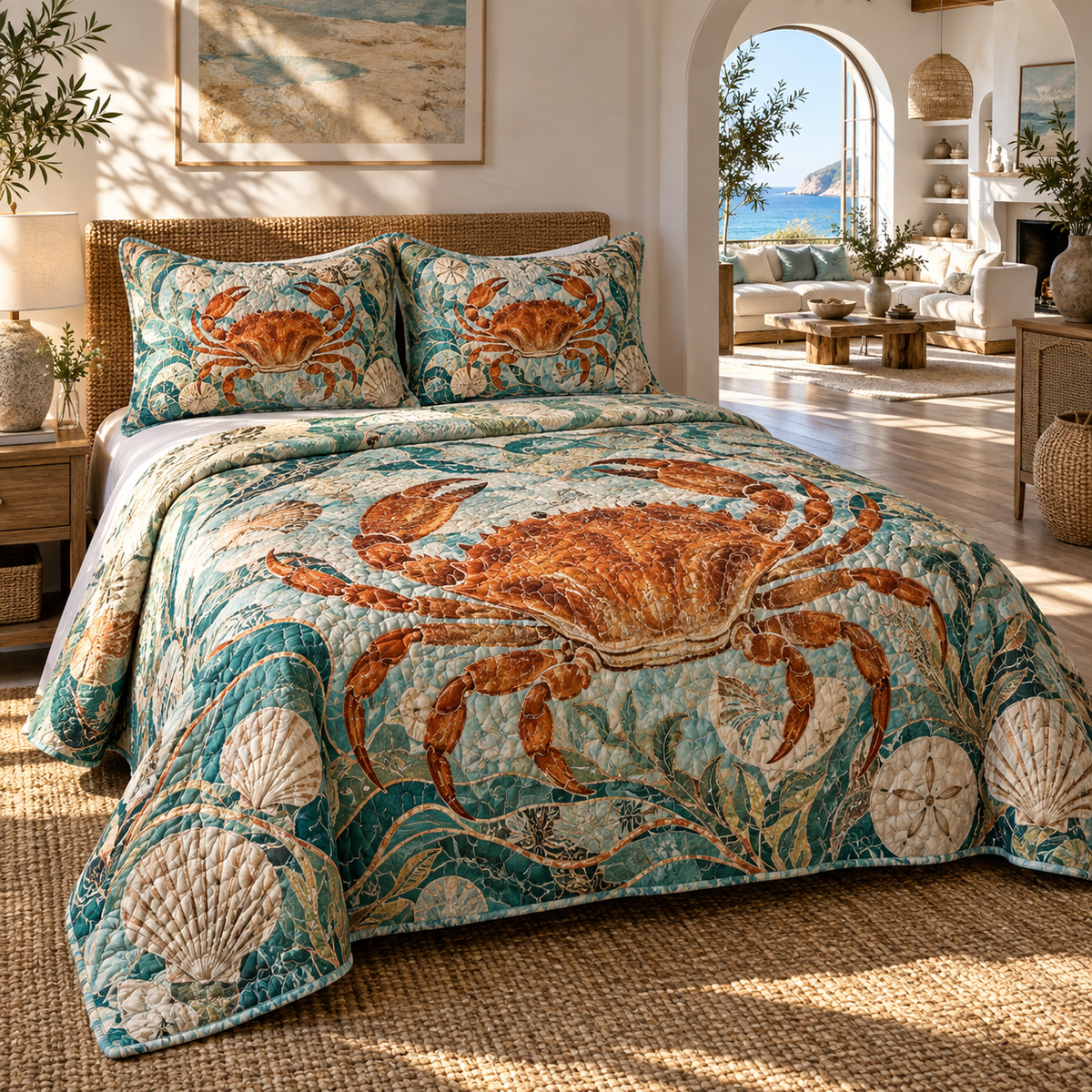 One quilted bedding set with original Crab Sunlit Tidal Salon optical-depth print.