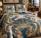 Crab Cartographer Study quilted bedding set with one quilt and two shams in a coastal home office guest room.