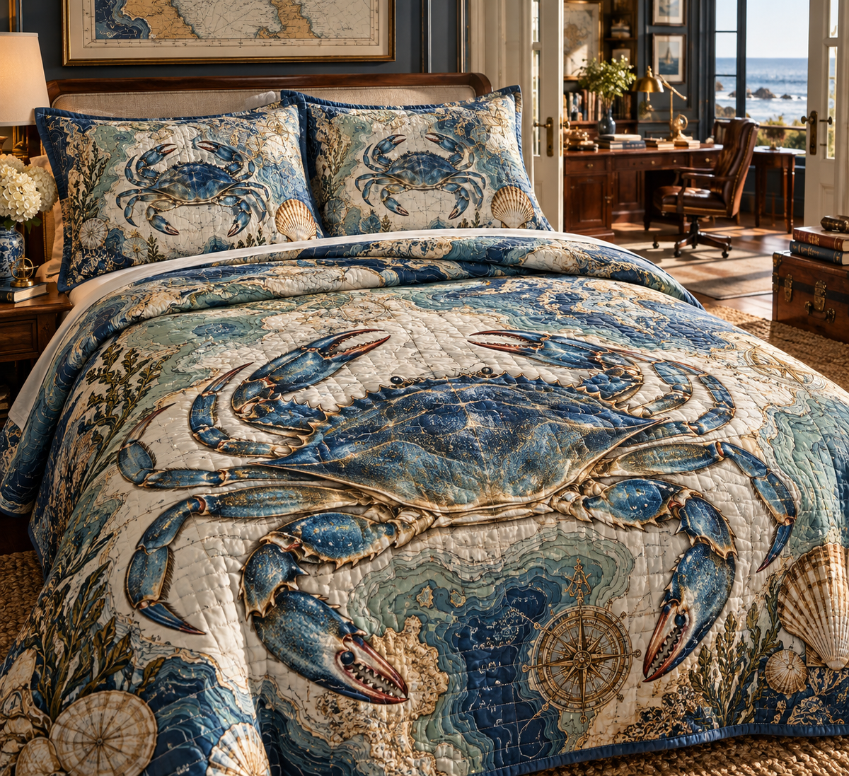 Crab Cartographer Study quilted bedding set with one quilt and two shams in a coastal home office guest room.