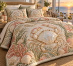 One quilted bedding set with original Crab Opal Cove Housewarming optical-depth print.