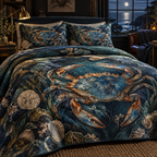 One quilted bedding set with original Crab Moonlit Tide Library optical-depth print.