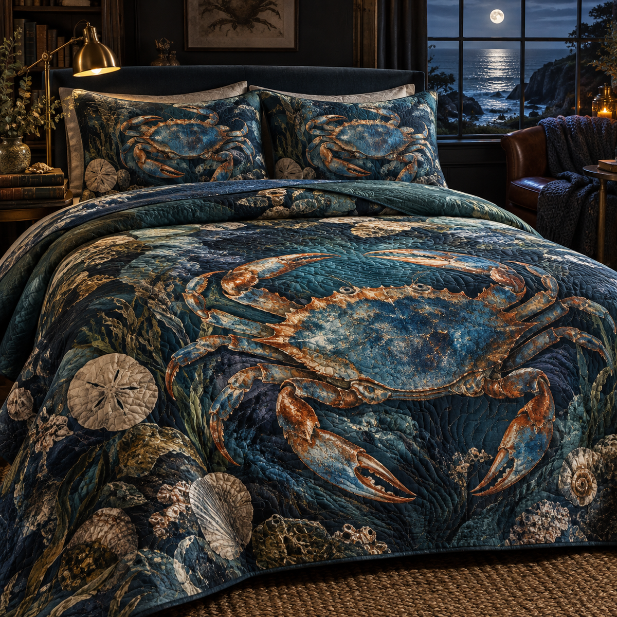 One quilted bedding set with original Crab Moonlit Tide Library optical-depth print.