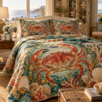 One quilted bedding set with original Crab Garnet Shoal Birthday optical-depth print.
