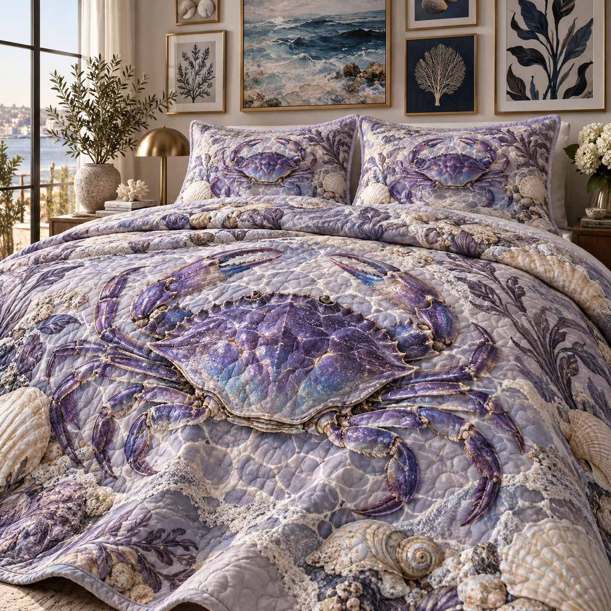 One quilted bedding set with original Crab Amethyst Gallery optical-depth print.