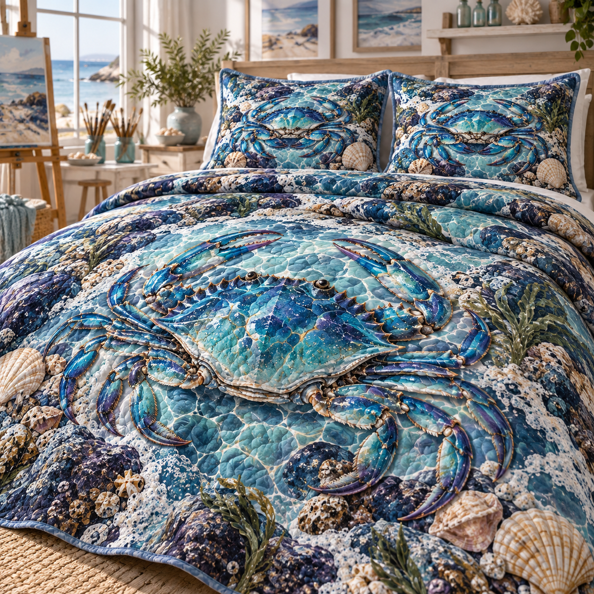 One quilted bedding set with original Crab Tidal Pool Studio flat printed optical-depth artwork.