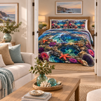 One quilted bedding set with original living room tide pool flat printed optical-depth artwork.