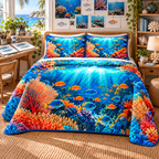 One quilted bedding set with original reef fish hobby studio flat printed optical-depth artwork.