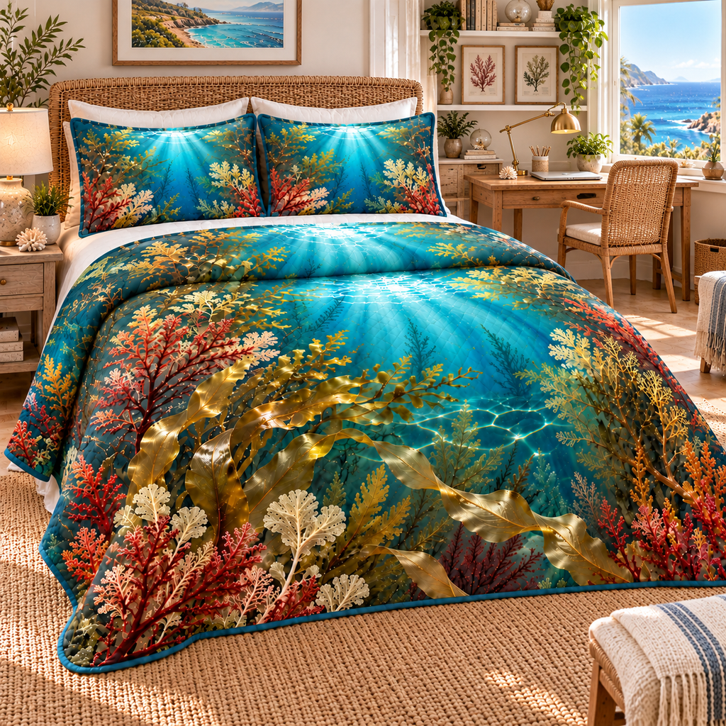 One quilted bedding set with original seaweed herbarium home office flat printed optical-depth artwork.