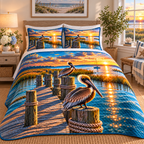 One quilted bedding set with original pelican dock housewarming flat printed optical-depth artwork.