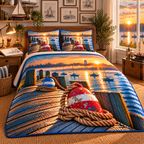 One quilted bedding set with original buoy and rope hobby studio flat printed optical-depth artwork.