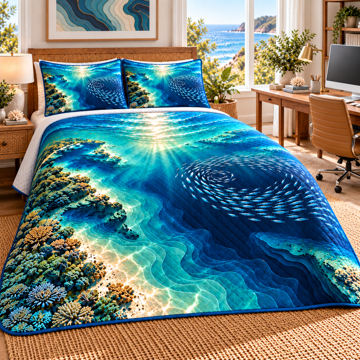 One quilted bedding set with original ocean depth contours home office flat printed optical-depth artwork.