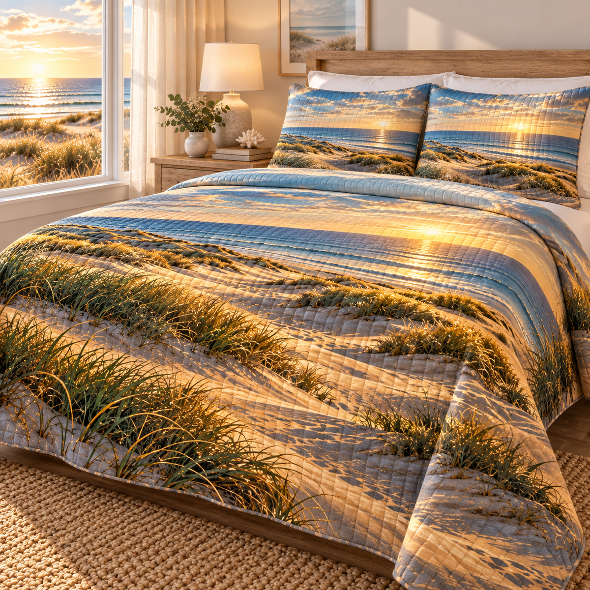 One quilted bedding set with flat printed layered golden sand dunes, dune grass and distant blue sea artwork in a coastal bedroom.