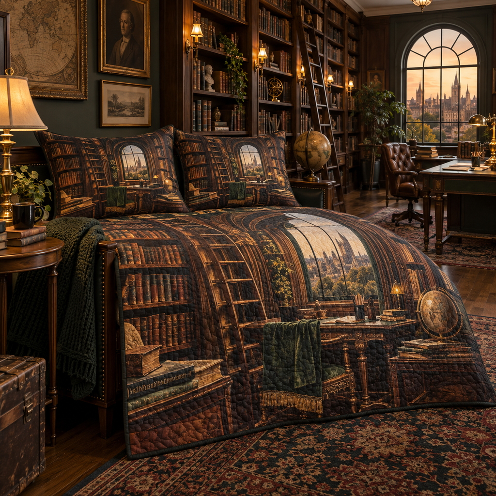 One quilted bedding set with flat printed layered private library shelves, brass lamps, writing desk and arched window artwork in a dark academia home office.