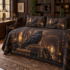 One quilted bedding set with flat printed raven, antique books and brass keys in a dark academia home office.
