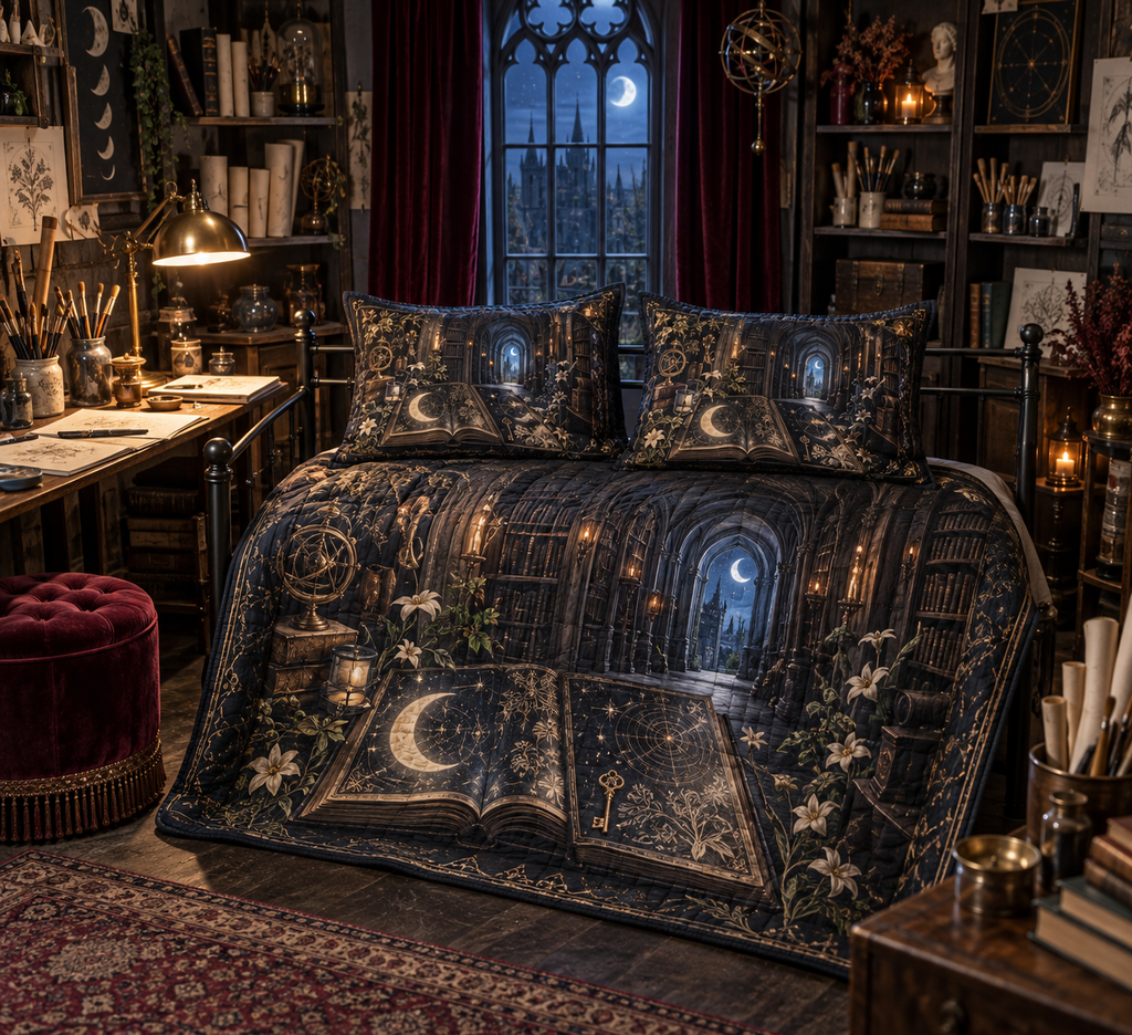 One quilted bedding set with flat printed open gothic grimoire, moon and brass key in a gothic hobby studio.