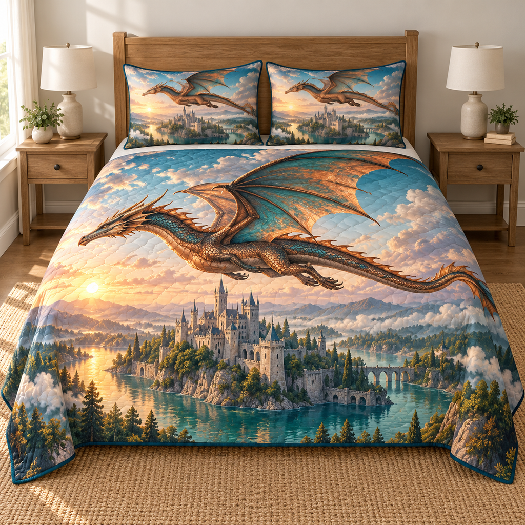 Dragon Island Castle Dawn 3-Piece Quilted Bedding Set. Flat printed gliding dragon above an island castle on one quilt and two shams.
