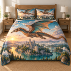 Dragon Island Castle Dawn 3-Piece Quilted Bedding Set. Flat printed gliding dragon above an island castle on one quilt and two shams.