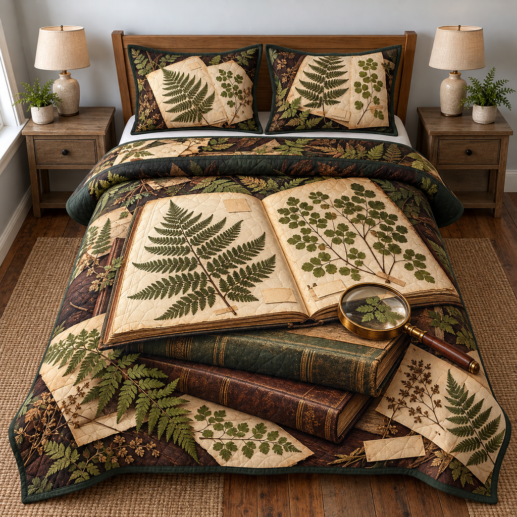 Pressed Fern Herbarium Books Quilted Bedding Set. Flat printed fern specimen album on stacked books with brass lens.