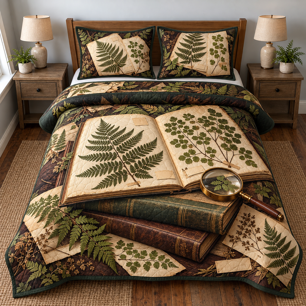 Pressed Fern Herbarium Books Quilted Bedding Set. Flat printed fern specimen album on stacked books with brass lens.