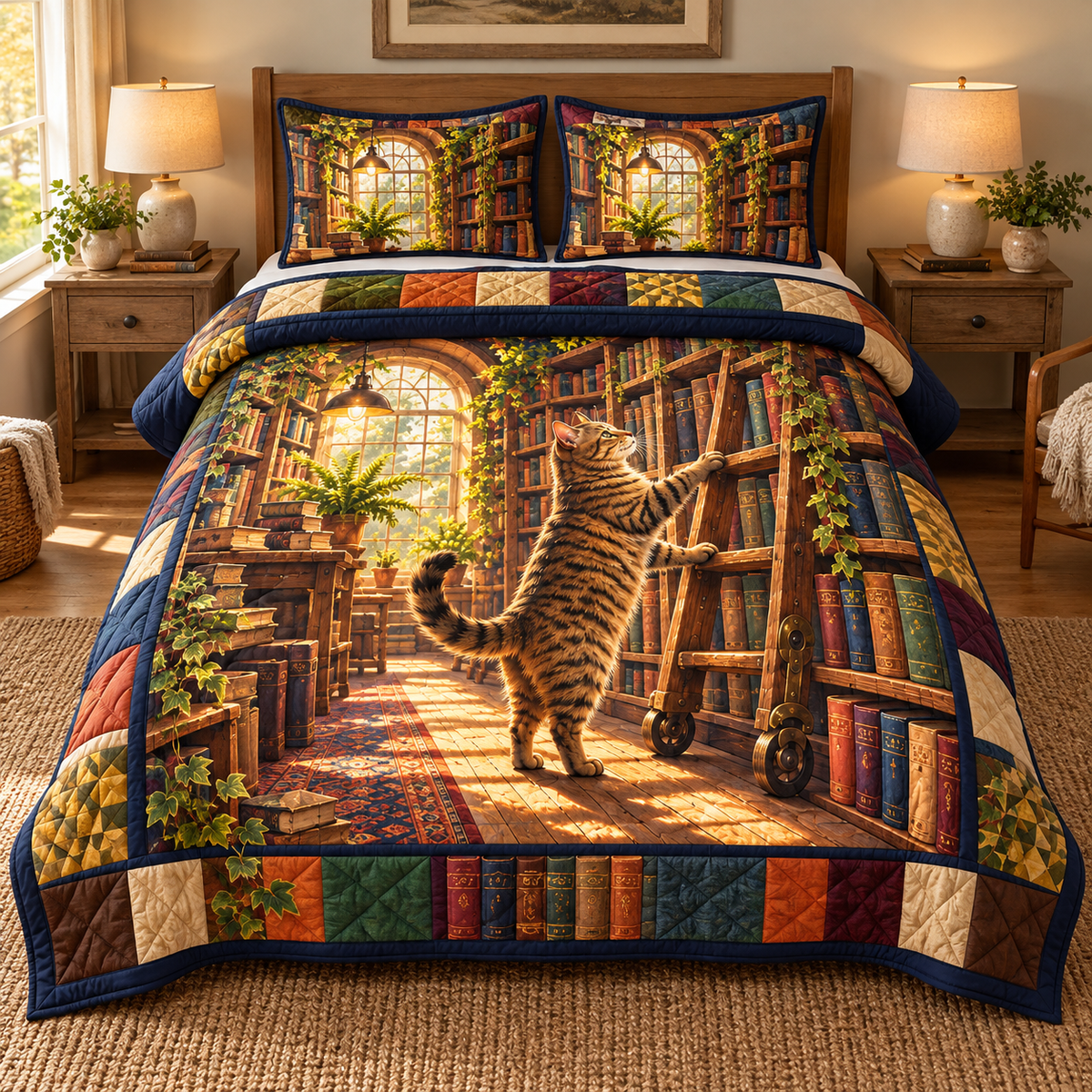 Curious Tabby Bookshop Ladder Quilted Bedding Set. Flat printed upright tabby beside a rolling bookshop ladder.
