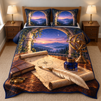 Observatory Mapmaker Quill Quilted Bedding Set. Flat printed quill, cobalt ink and parchment writing desk beneath an observatory arch and distant mountain dawn.