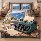 Seaside Writer Teal Typewriter Quilted Bedding Set. Flat printed teal typewriter, daisies and open coastal window with sailboat.
